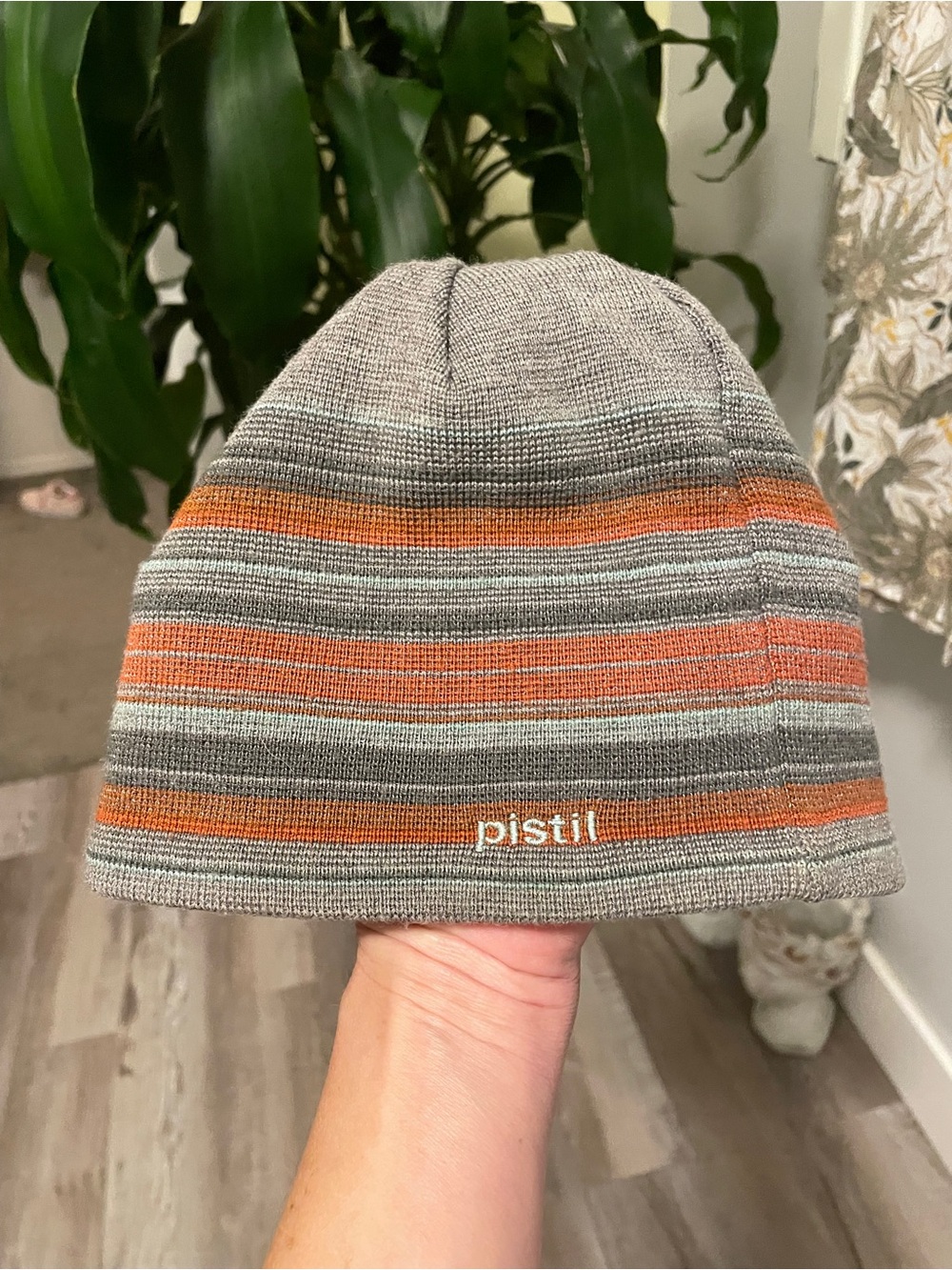 Pistol wool blend beanie gray and orange striped. Made in Italy.
